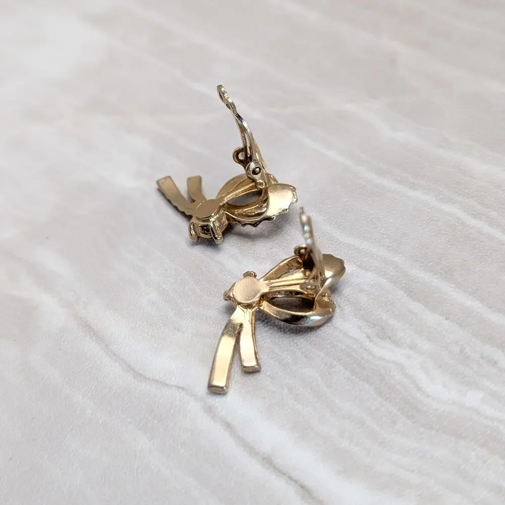 Vintage Clip On Earrings Gold Tone Bow with Aurora Borealis Gem